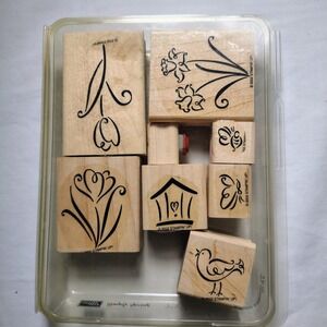 Vintage Stampin Up Simply Spring‎ Wood Mount Stamps 2002 Retired 8 Piece Set